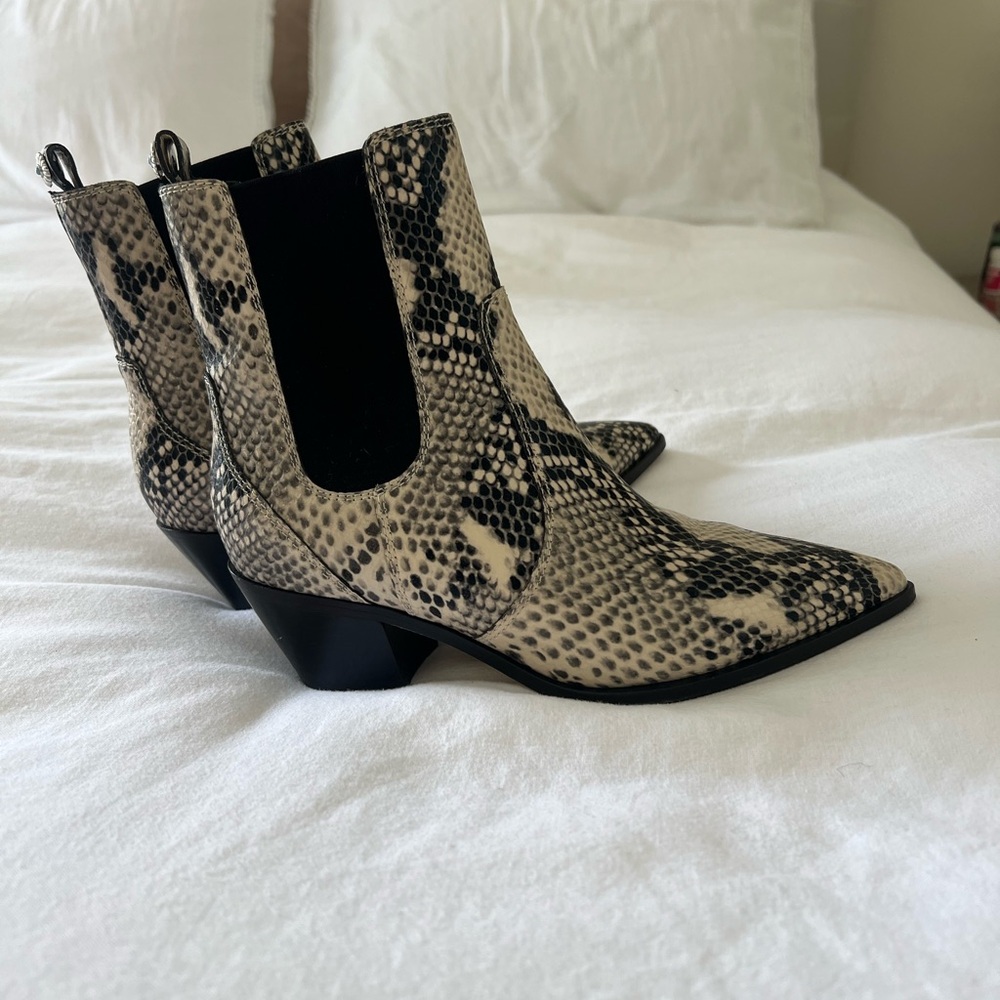 PAIGE Black and Cream Snakeskin Ankle Booties